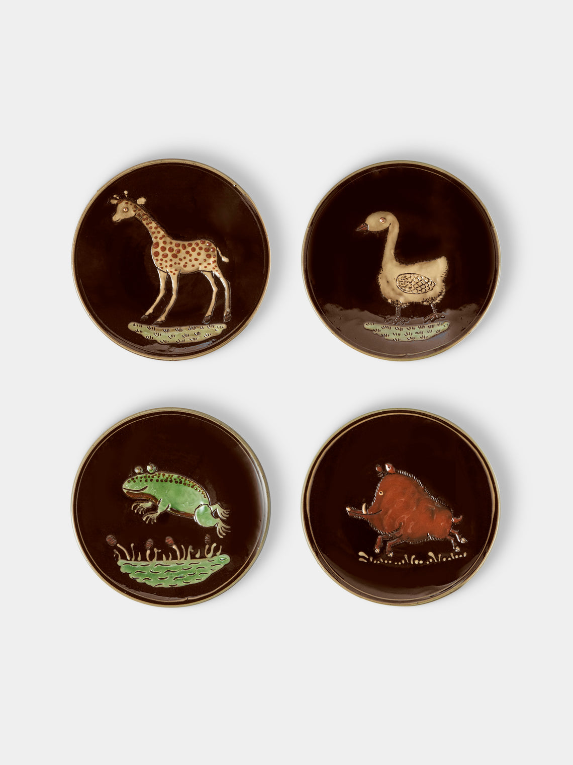 Poterie d’Évires - Animals Hand-Painted Ceramic Plates – 5.5in/14cm (Set of 4) - Dark Brown - ABASK - 