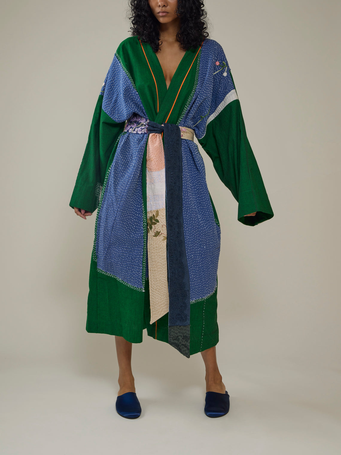 By Walid - 1920s Chinese Embroidered Silk Robe | One Size - Blue - ABASK
