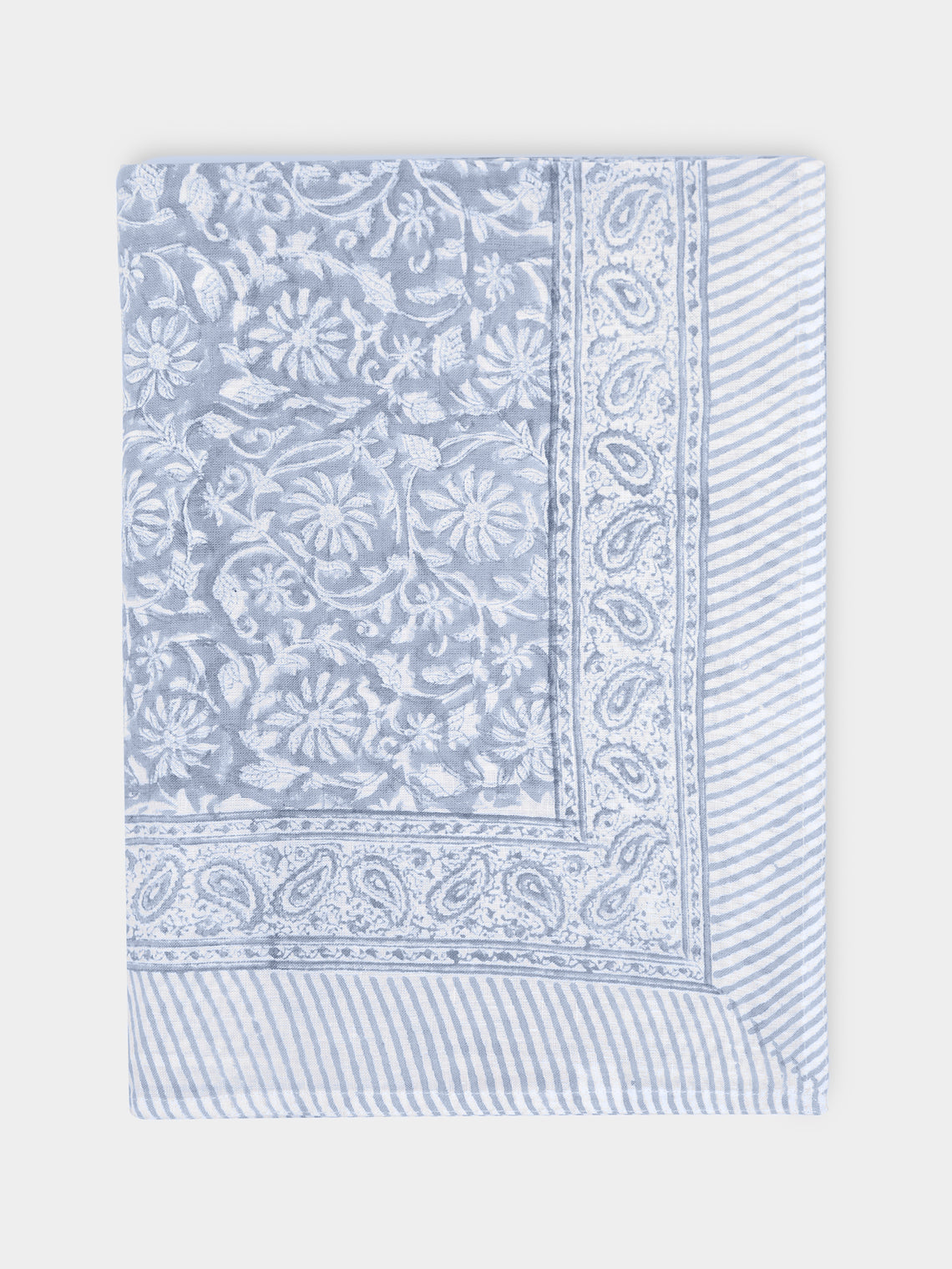 Chamois - Margerita Block-Printed Linen Large Rectangular Tablecloth - Gray - ABASK - 