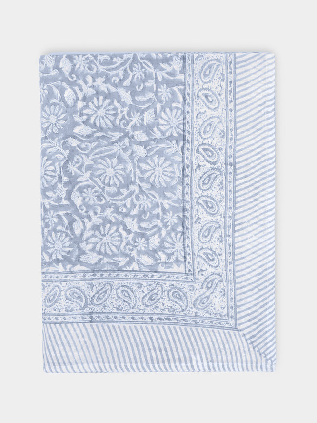 Chamois - Margerita Block-Printed Linen Large Rectangular Tablecloth - Gray - ABASK - 