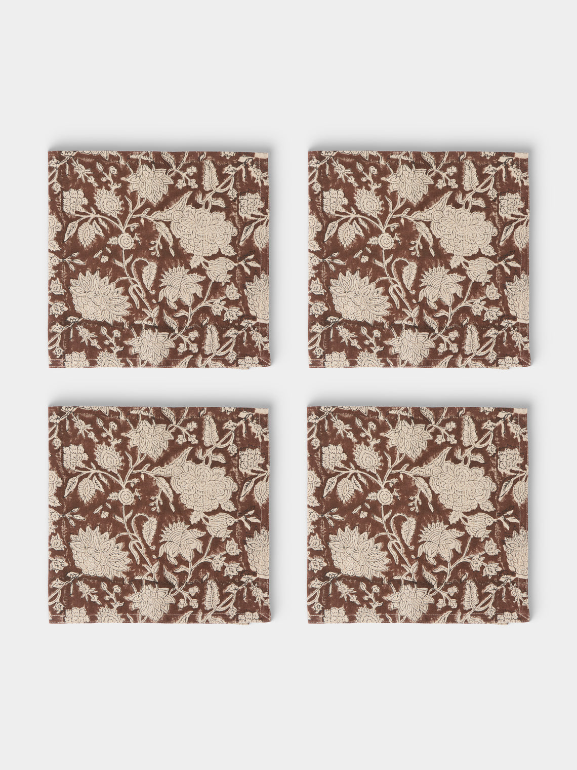 Chamois - Indian Rose Block-Printed Linen Napkins (Set of 4) - Brown - ABASK - 