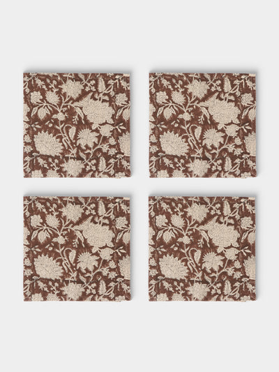 Chamois - Indian Rose Block-Printed Linen Napkins (Set of 4) - Brown - ABASK - 