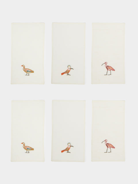Malaika - Birds Hand-Embroidered Linen Cocktail Napkins (Set of 6) -  - ABASK - 