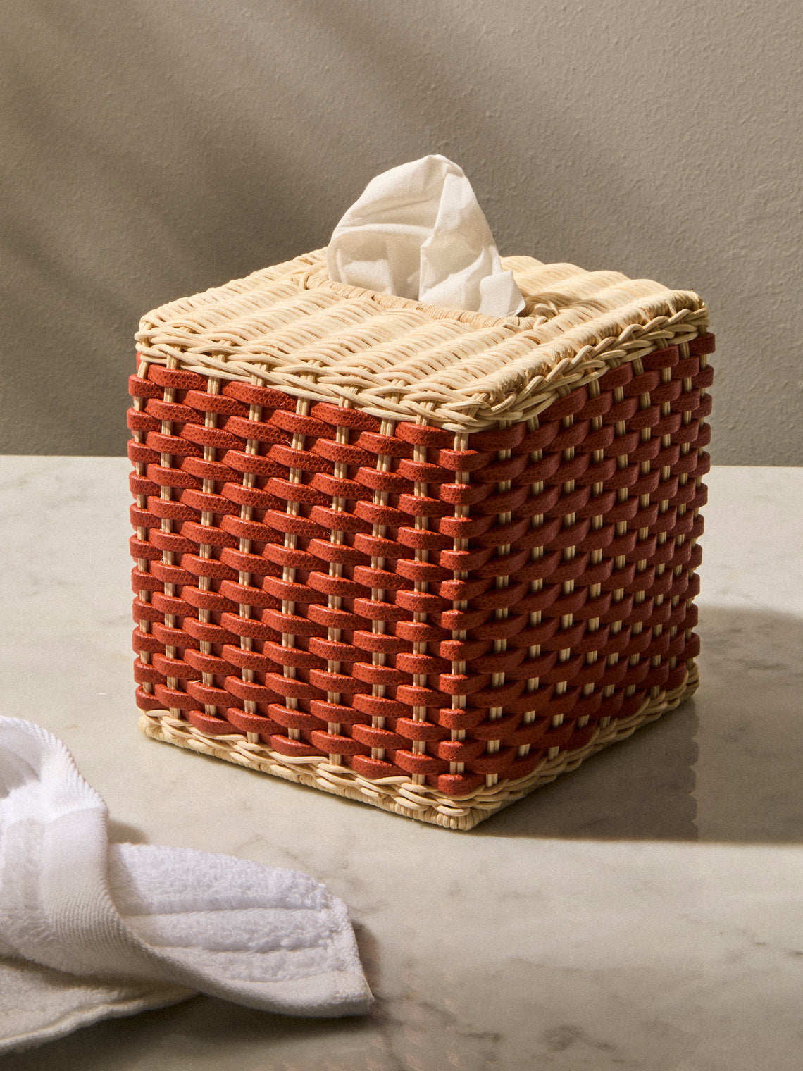 Pigment France - Antibes Leather and Rattan Tissue Box - Red - ABASK
