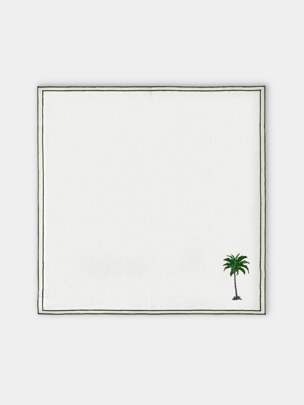 La Gallina Matta - Palm Embroidered Linen Napkins (Set of 4) - White - ABASK - 