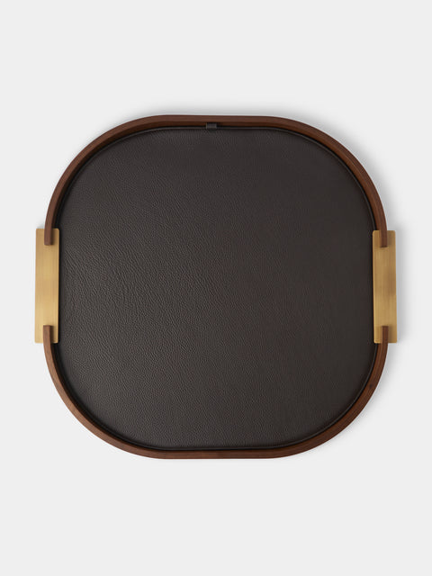 Riviere - Dama Walnut and Leather Round Tray (25in/64cm) - Brown - ABASK - 