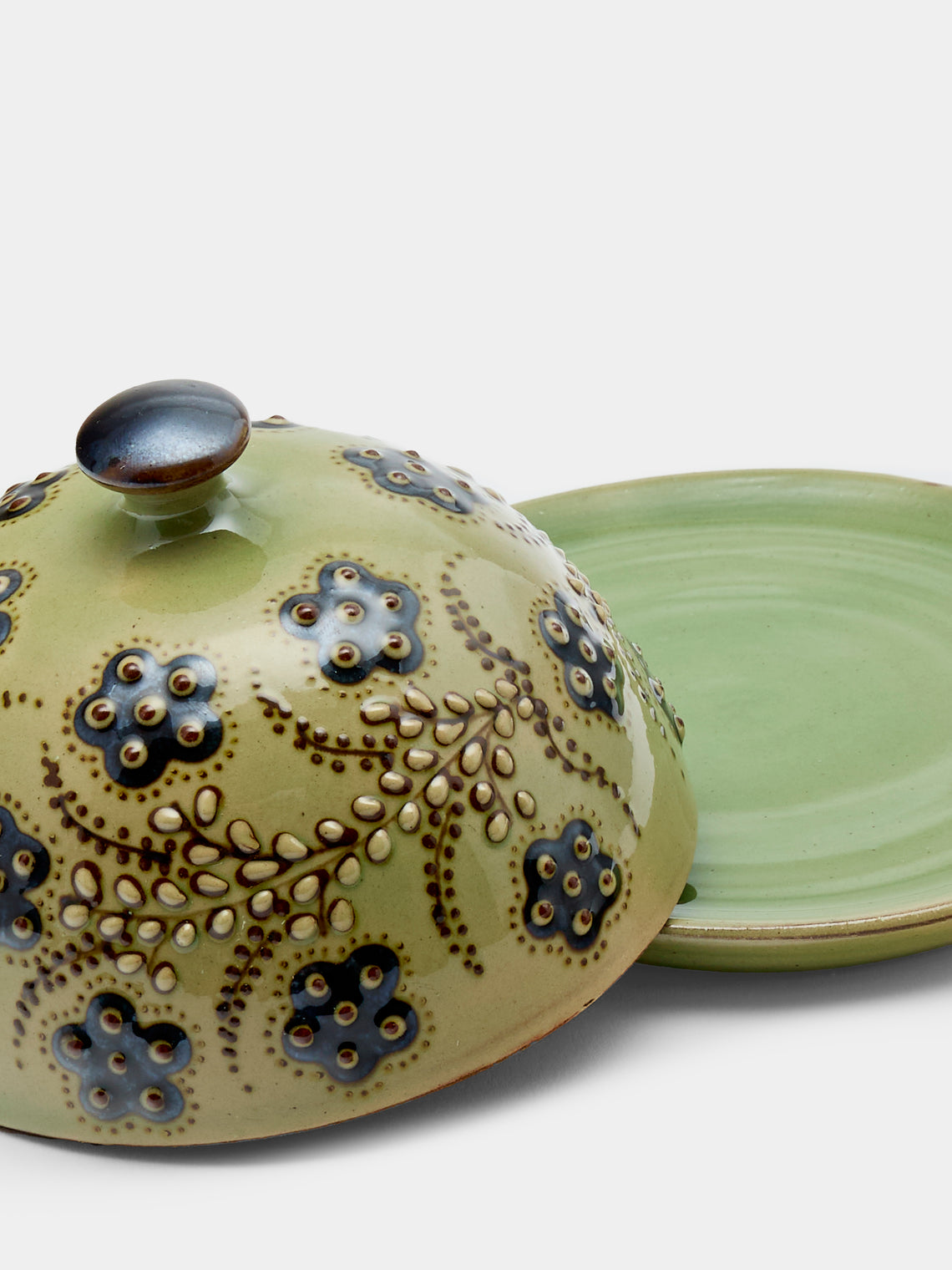 Poterie d’Évires - Flowers Hand-Painted Ceramic Small Butter Dish - Green - ABASK
