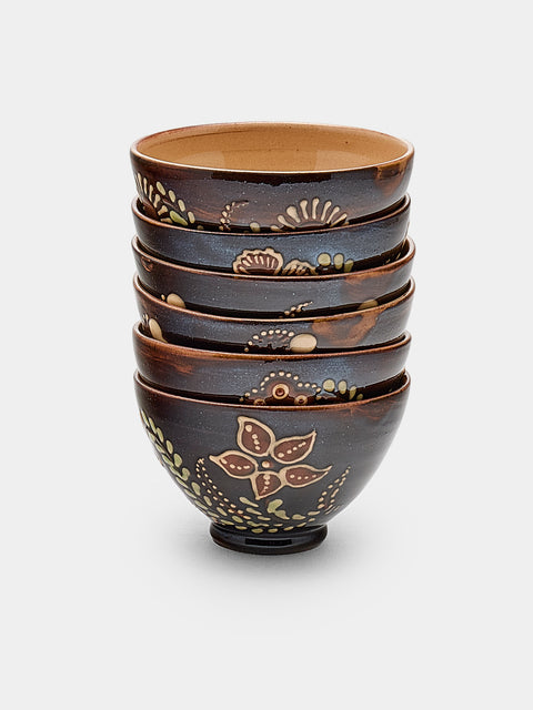 Poterie d’Évires - Flowers Hand-Painted Ceramic Petit Bowls (Set of 6) - Dark brown - ABASK - 