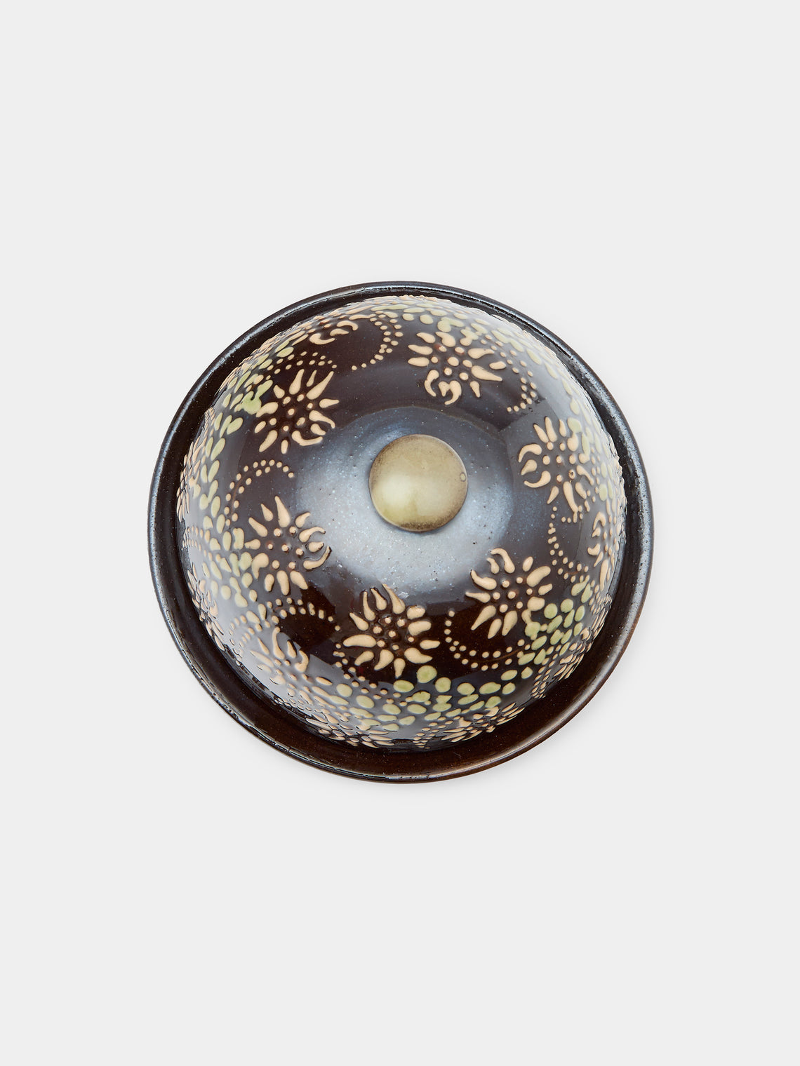 Poterie d’Évires - Flowers Hand-Painted Ceramic Small Butter Dish - Dark brown - ABASK