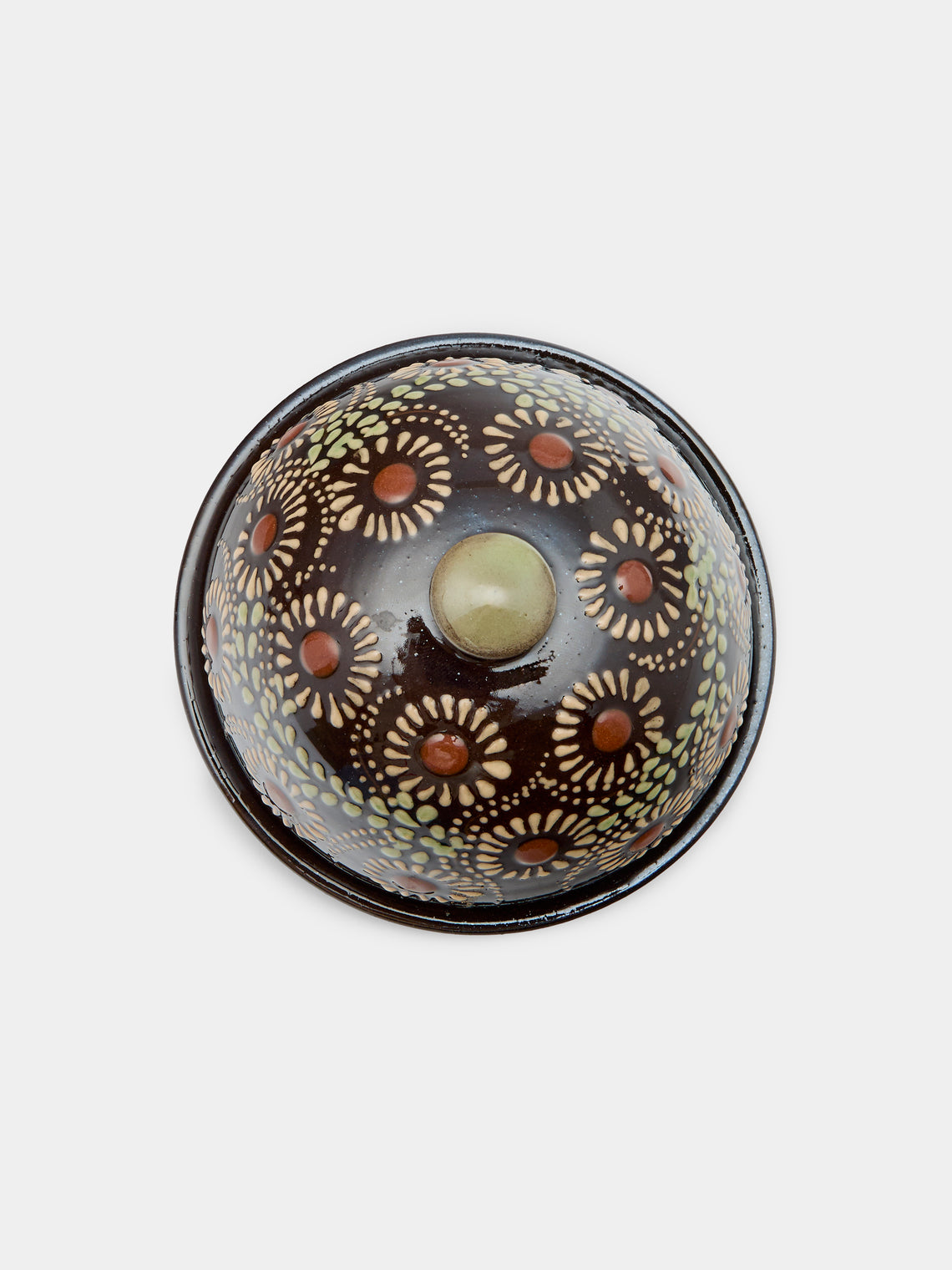Poterie d’Évires - Flowers Hand-Painted Ceramic Small Butter Dish - Dark brown - ABASK
