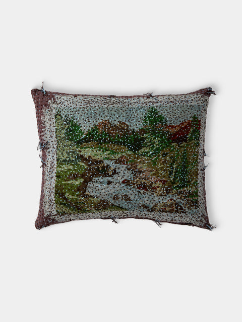 By Walid - 1910s Needlepoint Wool and Damask Cushion (17.5in/45cm) - Multiple - ABASK - 