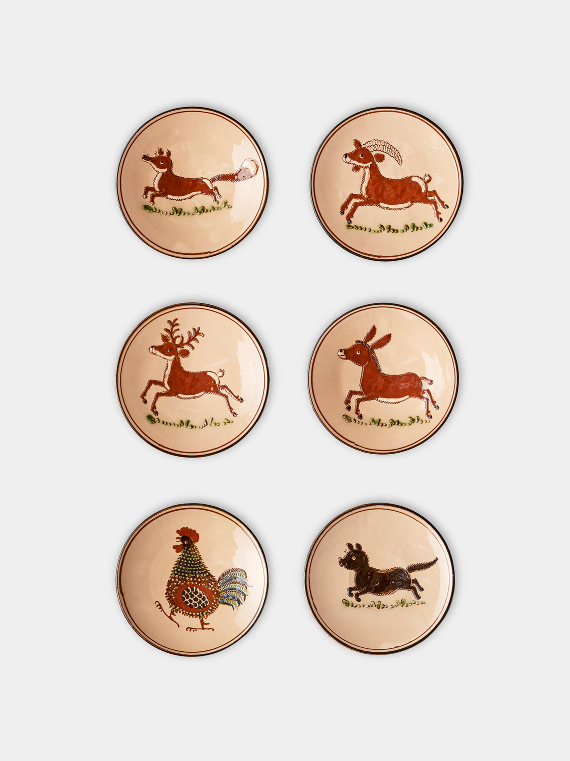 Poterie d’Évires - Animals Hand-Painted Ceramic Small Raised Plates (Set of 6) - Cream - ABASK