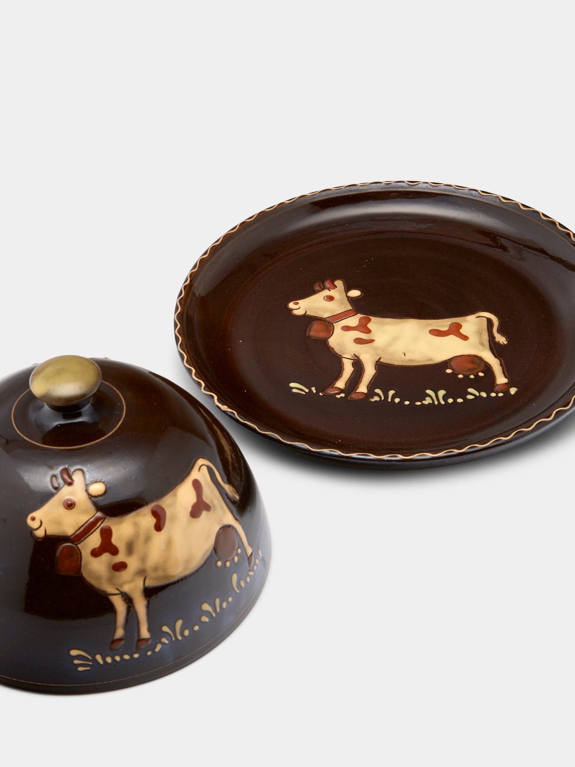Poterie d’Évires - Cows Hand-Painted Ceramic Large Butter Dish - Dark brown - ABASK