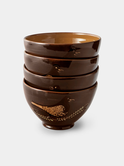 Poterie d’Évires - Birds Hand-Painted Ceramic Grand Bowls (Set of 4) - Light Brown - ABASK - 