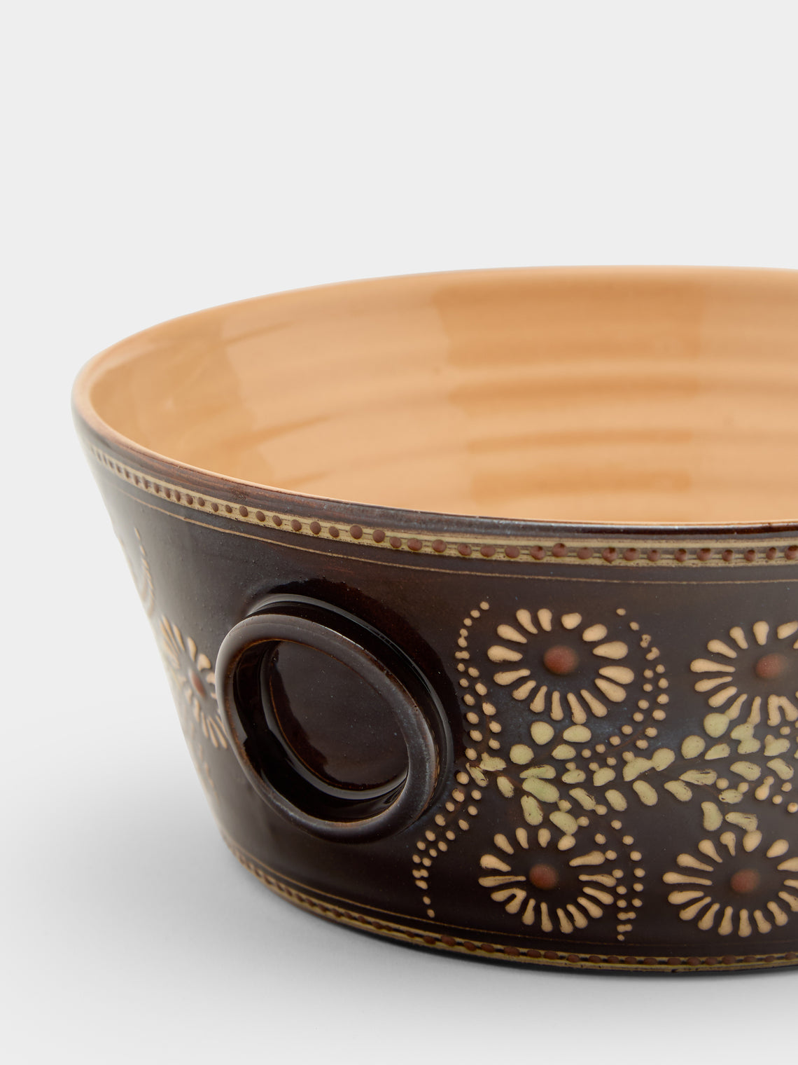 Poterie d’Évires - Flowers Hand-Painted Ceramic Large Handled Serving Bowl - Dark brown - ABASK