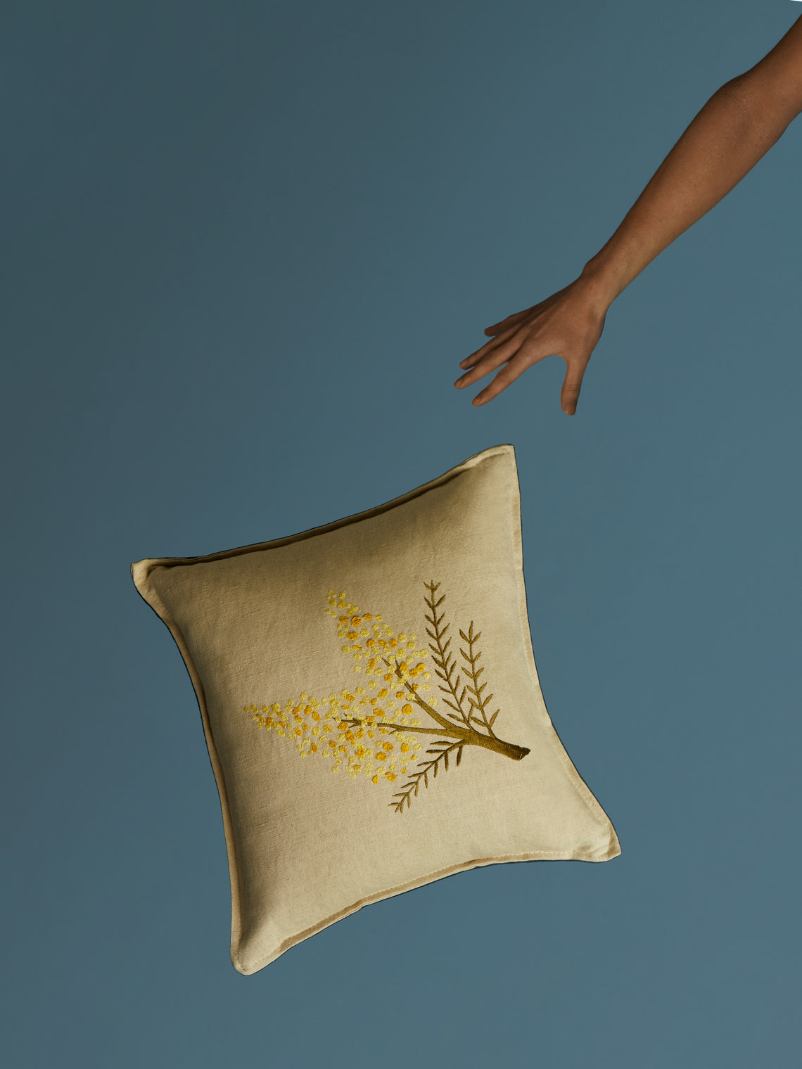 Lora Avedian - Mimosa Hand-Embroidered Linen Cushion -  - ABASK