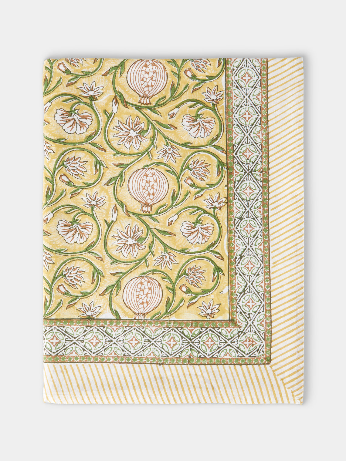 Chamois - Tangier Pomegranate Block-Printed Cotton Rectangular Tablecloth (90.5in/2.3m) - Yellow - ABASK - 