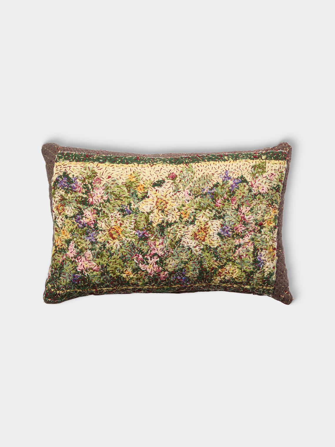 By Walid - 19th-Century Victorian Needlepoint Wool, Linen and Damask Cushion (19.5in/50cm) - Multiple - ABASK - 