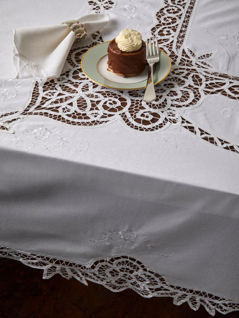 Rolande du Dreuilh Créations - Lacework Tablecloth with Napkins – 86.5in/2.2m (Set of 8) - White - ABASK