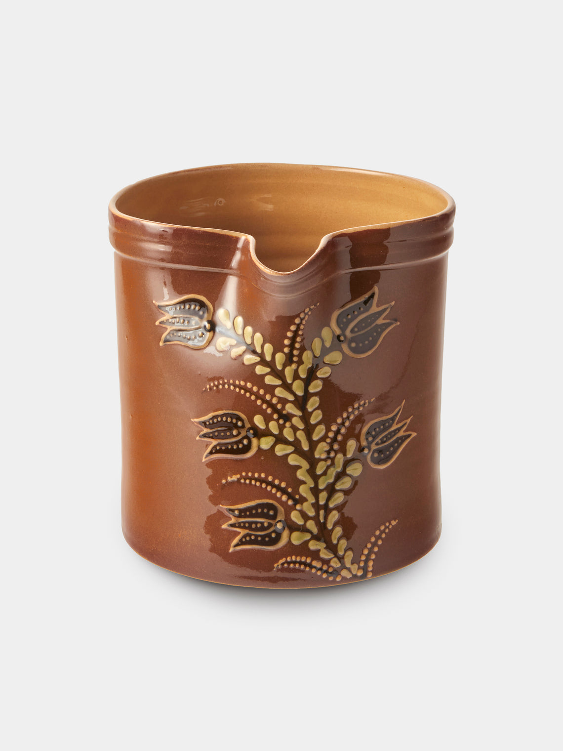 Poterie d’Évires - Flowers Hand-Painted Ceramic Straight-Edge Medium Jug - Light Brown - ABASK