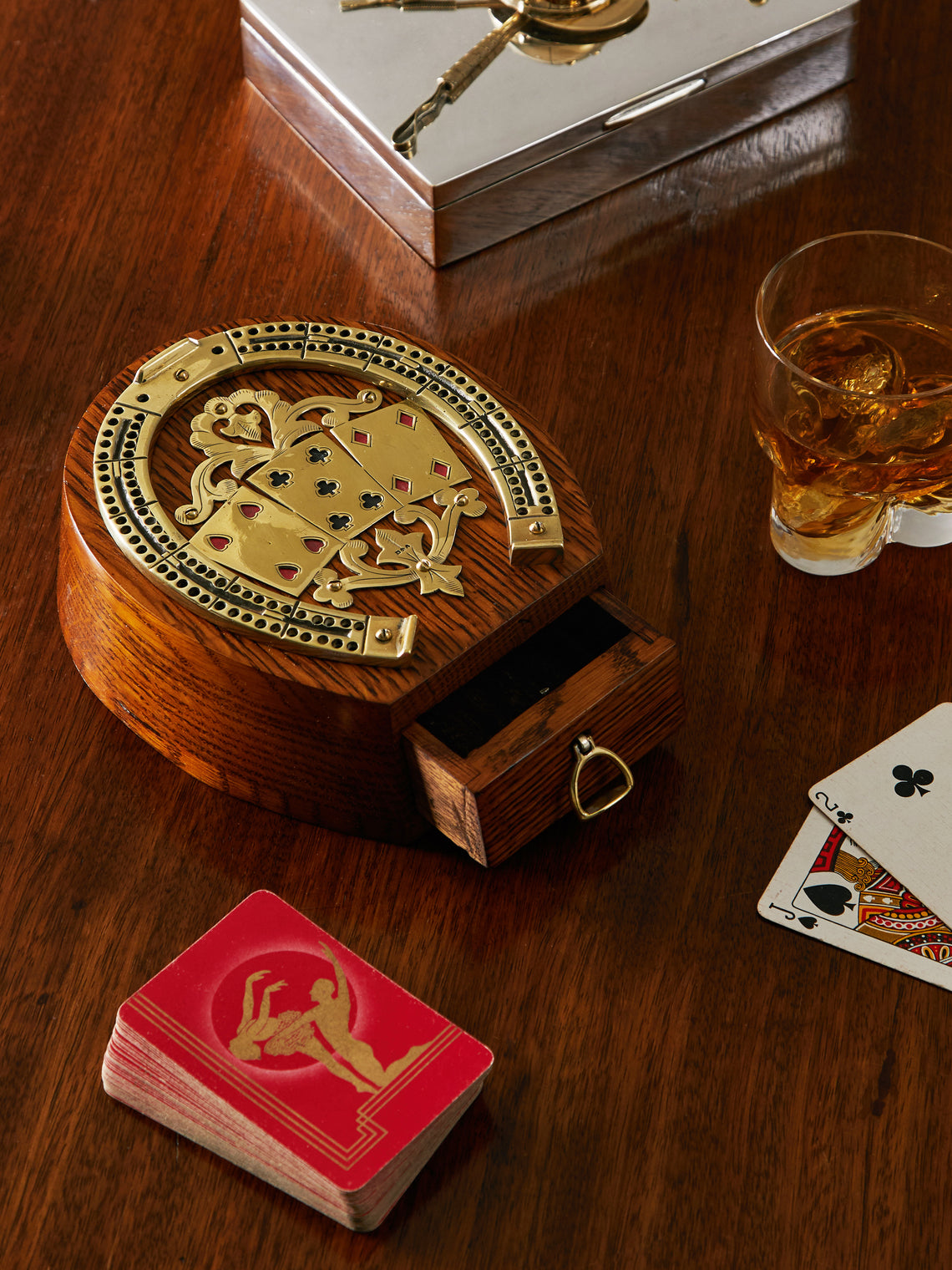 Antique and Vintage - 1910s English Oak and Brass Cribbage & Cards Box -  - ABASK