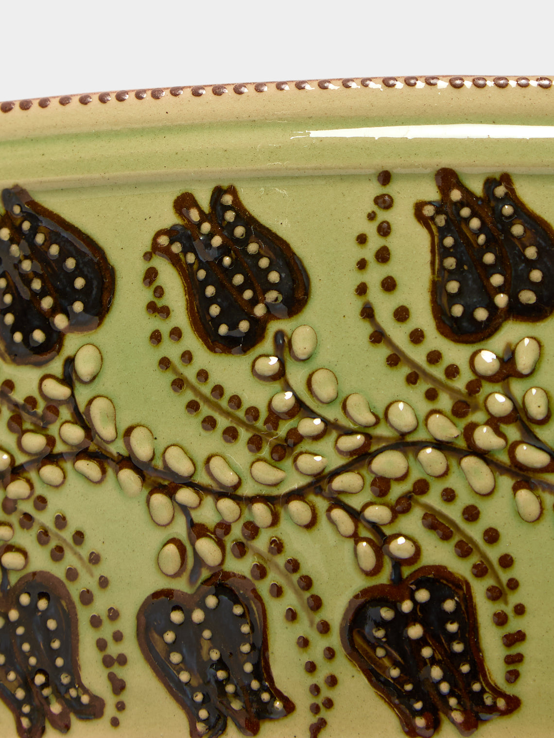 Poterie d’Évires - Flowers Hand-Painted Ceramic Oval Serving Dish - Green - ABASK