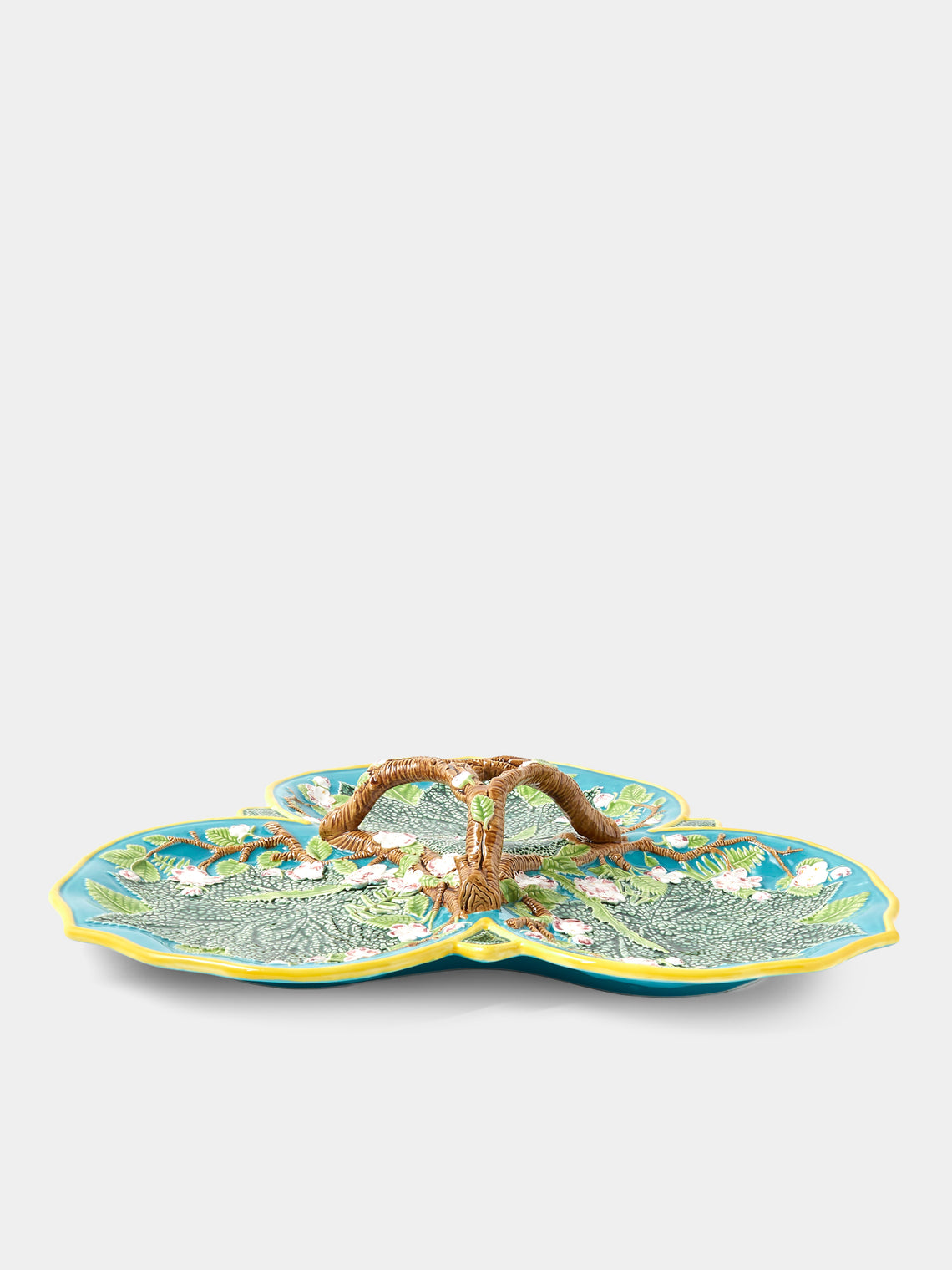 Verdolini - Plum Blossom Hand-Painted Majolica Ceramic Triple Serving Dish - Green - ABASK