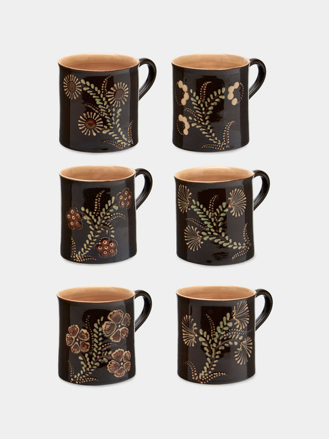 Poterie d’Évires - Flowers Hand-Painted Ceramic Mugs (Set of 6) - Dark brown - ABASK - 