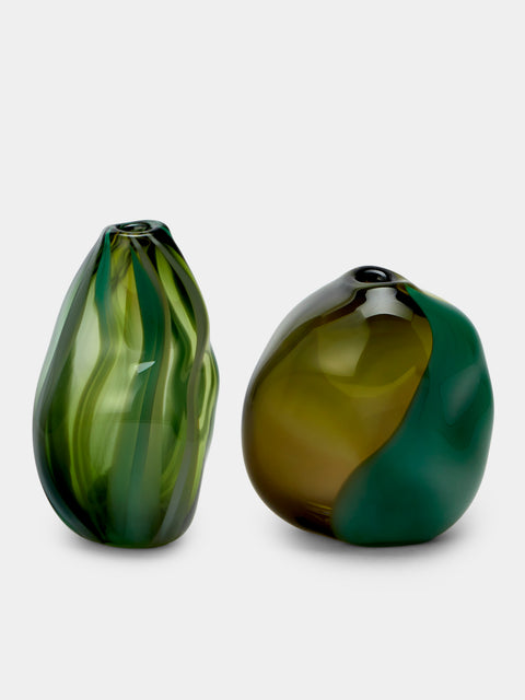 Michele Oberdieck - Olive Pod Hand-Blown Glass Bud Vases – 6in/15cm (Set of 2) - Green - ABASK - 