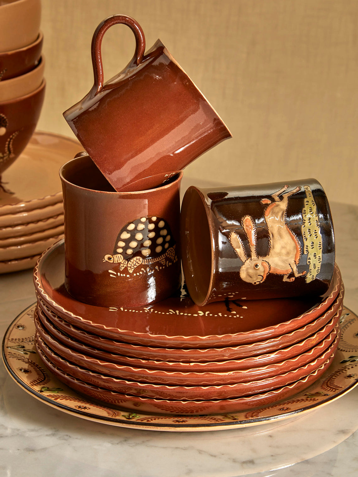 Poterie d’Évires - Safari Hand-Painted Ceramic Mugs (Set of 6) - Light brown - ABASK