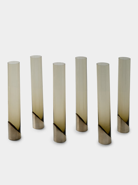 Antique and Vintage - | Set of 6 | 1970 Murano Glass and Sterling Silver Vases (10in/25cm) - Smoke - ABASK - 