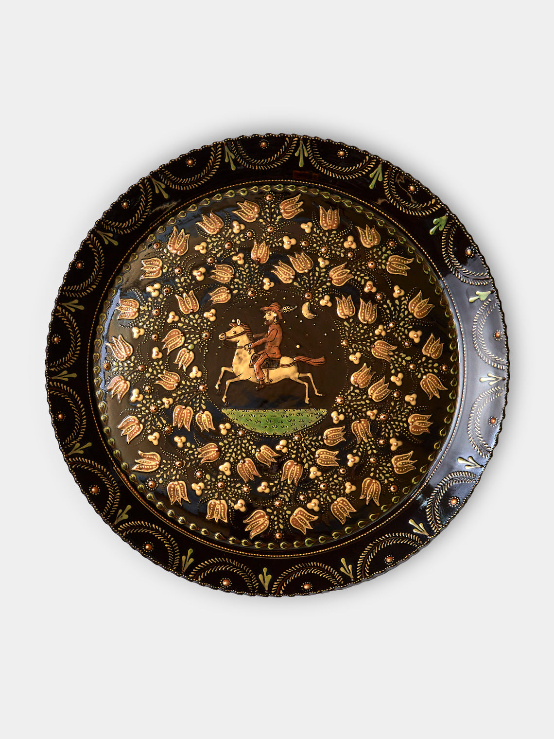 Poterie d’Évires - Horses Hand-Painted Ceramic Extra Large Round Platter - Dark brown - ABASK - 