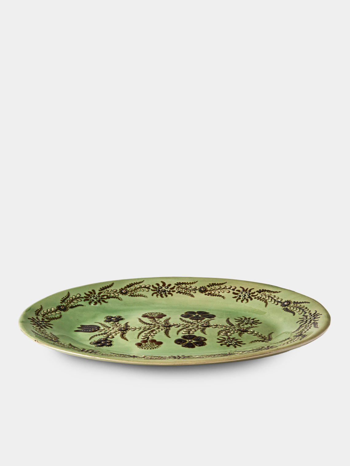 Poterie d’Évires - Flowers Hand-Painted Ceramic Oval Platter - Green - ABASK