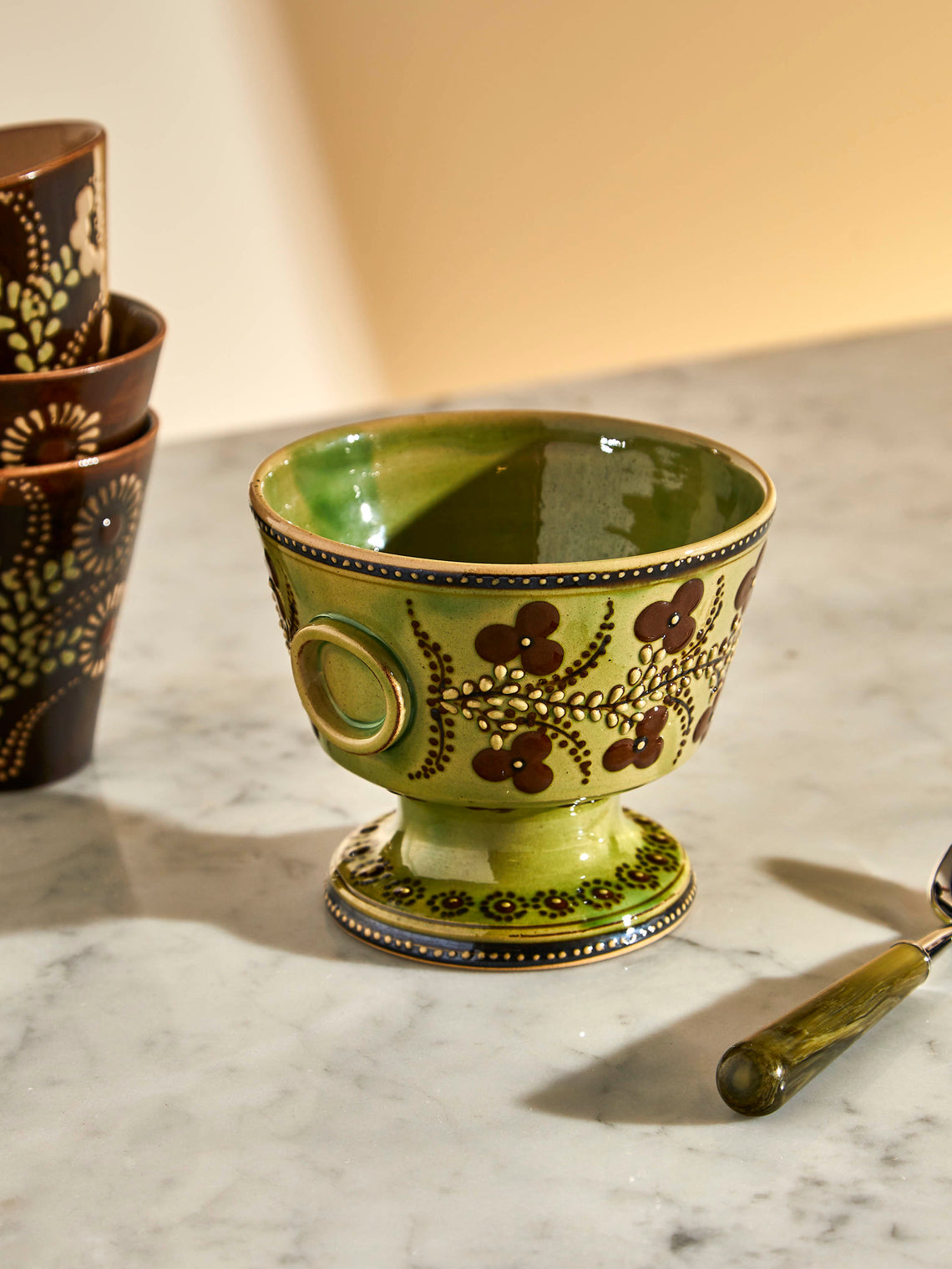 Poterie d’Évires - Flowers Hand-Painted Ceramic Small Raised Bowl - Green - ABASK