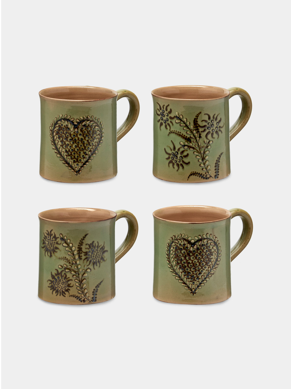 Poterie d’Évires - Flowers and Hearts Hand-Painted Ceramic Mugs (Set of 4) - Green - ABASK - 
