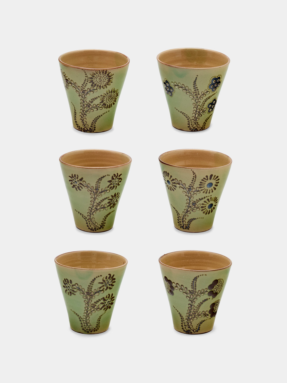 Poterie d’Évires - Flowers Hand-Painted Ceramic Coffee Cups (Set of 6) - Green - ABASK - 