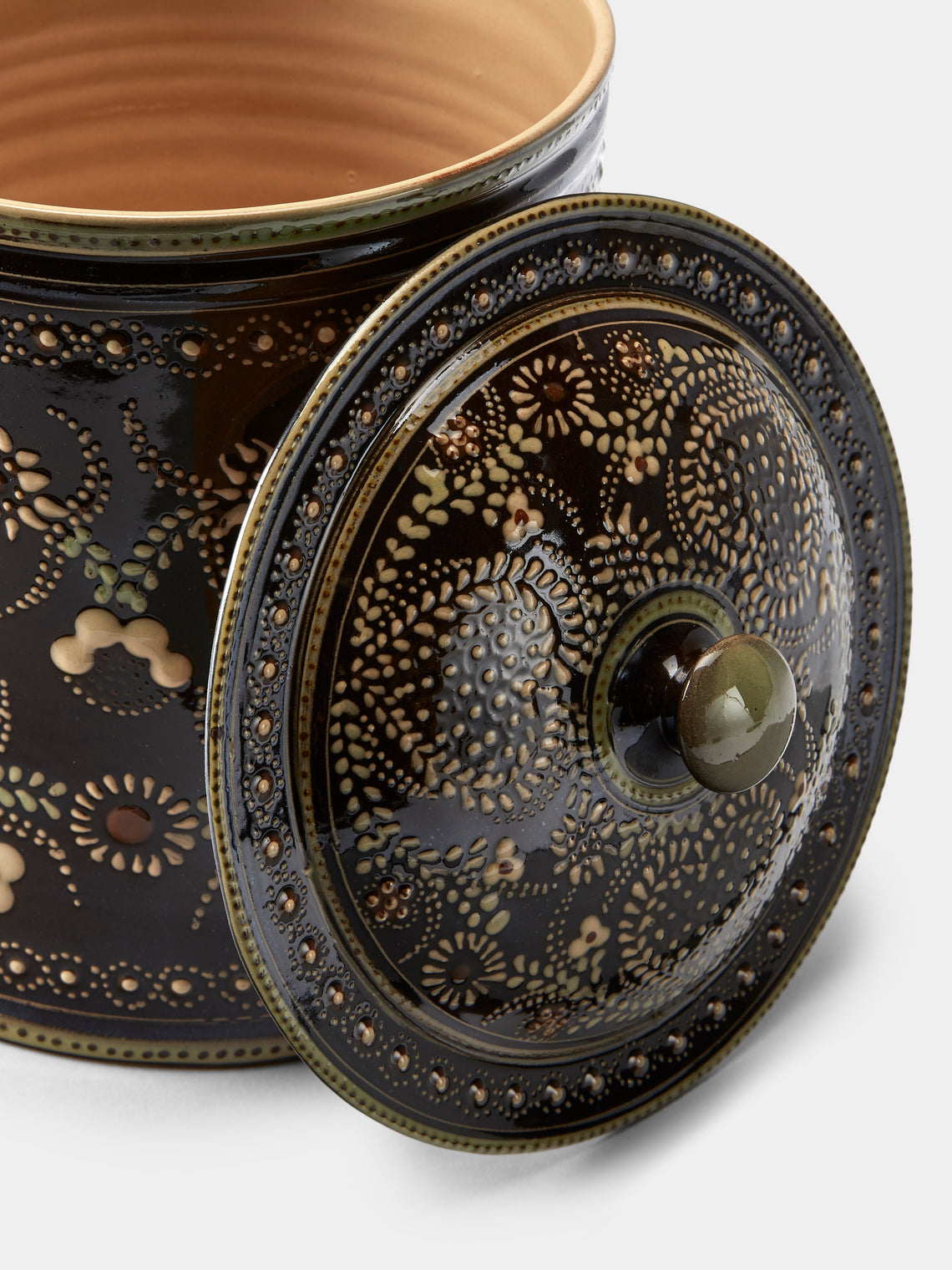 Poterie d’Évires - Flowers Hand-Painted Ceramic Large Lidded Pot - Dark brown - ABASK