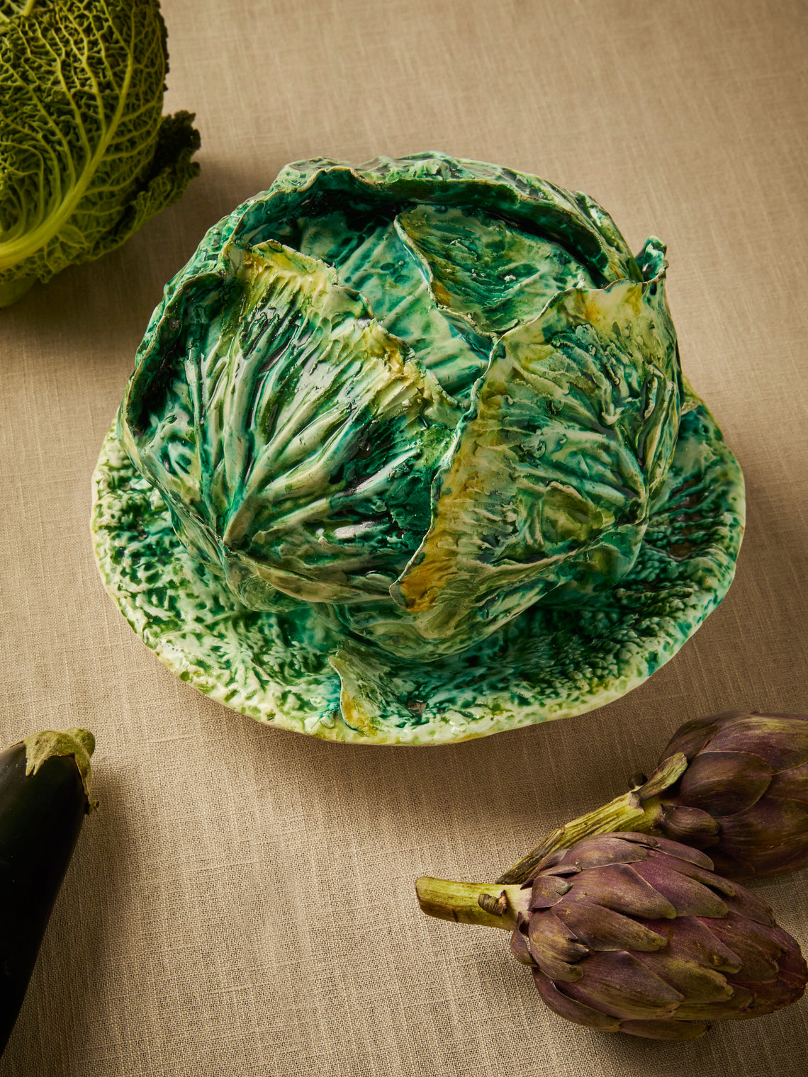 Antique and Vintage - 1940s Este Ceramiche Majolica Ceramic Cabbage Serving Tureen - Green - ABASK