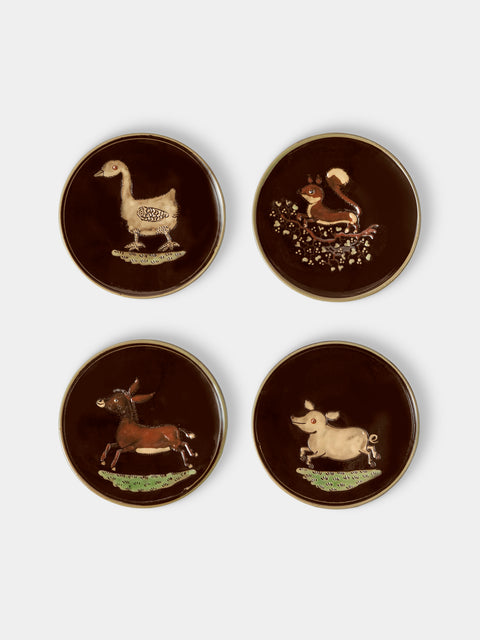Poterie d’Évires - Animals Hand-Painted Ceramic Plates – 5.5in/14cm (Set of 4) - Dark Brown - ABASK - 