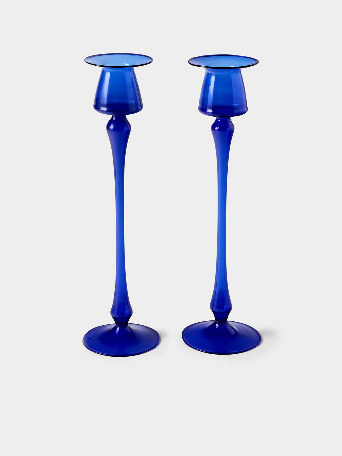 Antique and Vintage - Mid-Century Glass Candle Holders (Set of 2) - Blue - ABASK - 