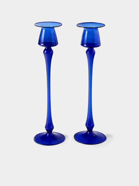 Antique and Vintage - Mid-Century Glass Candle Holders (Set of 2) - Blue - ABASK - 