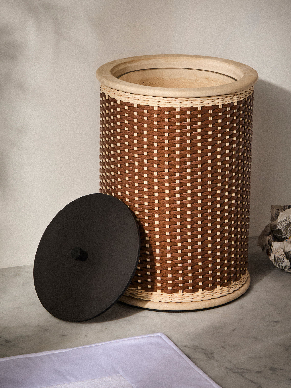 Pigment France - Courbet Leather and Rattan Wastepaper Bin - Brown - ABASK