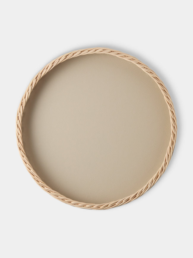 Pigment France - Orsay Leather and Rattan Round Tray (18.5in/46.5cm) - Cream - ABASK - 