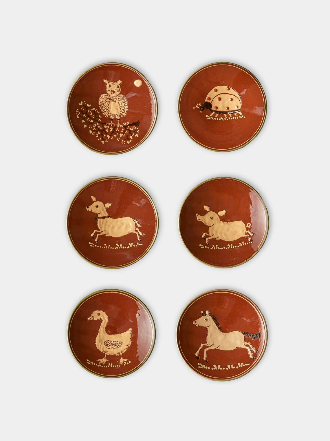 Poterie d’Évires - Animals Hand-Painted Ceramic Small Raised Plates (Set of 6) - Light brown - ABASK