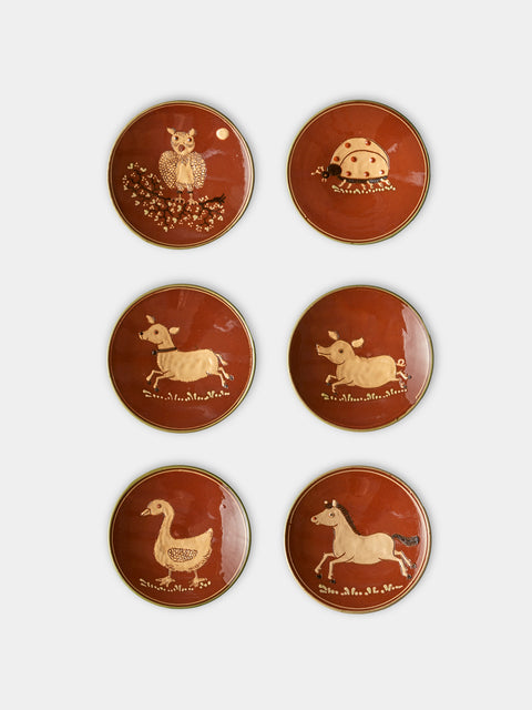 Poterie d’Évires - Animals Hand-Painted Ceramic Small Raised Plates (Set of 6) - Light brown - ABASK