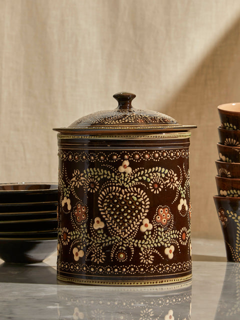 Poterie d’Évires - Flowers Hand-Painted Ceramic Large Lidded Pot - Dark brown - ABASK