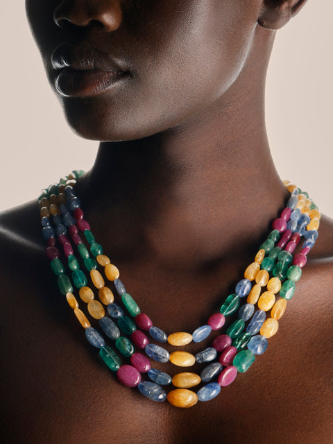 Mahnaz Collection - Vintage Emerald, Ruby and Sapphire Multi-Strand Beaded Necklace - Multiple - ABASK