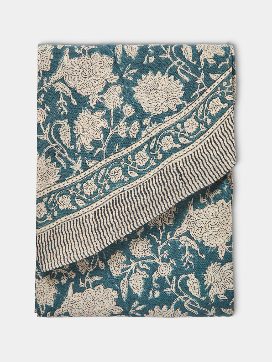Chamois - Indian Rose Block-Printed Linen Round Tablecloth - Blue - ABASK