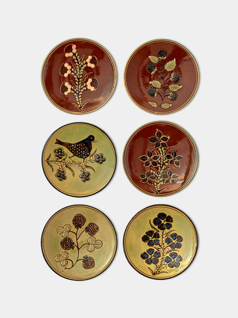 Poterie d’Évires - Flowers and Birds Hand-Painted Ceramic Small Raised Plates (Set of 6) - Multiple - ABASK