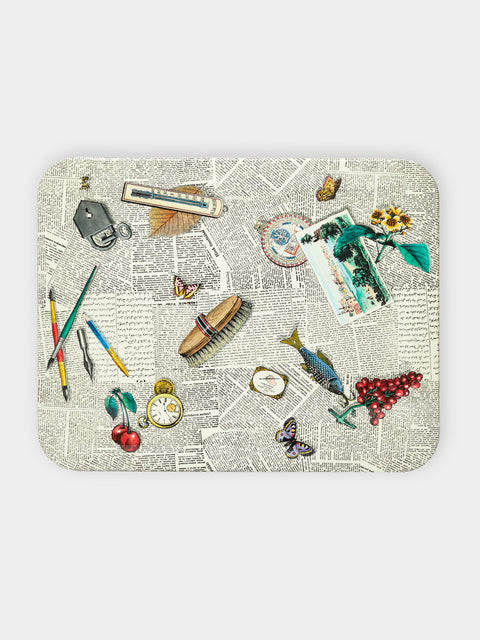 Fornasetti - Oggetti Sparsi su Giornale Hand-Painted Wood Tray -  - ABASK - 